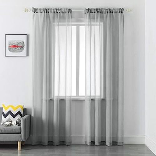 DUALIFE Grey Sheer Curtains 84 Inches Long,Faux Linen Semi Sheer Curtain for Living Room Bedroom Bathroom Privacy Voile Light Filtering Window Curtains Gray, 52 x 84 Inches,Set of 2 Panels