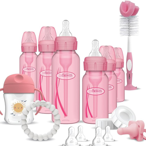 Dr. Brown's Anti-Colic Options+ Special Edition Pink Baby Bottle Gift Set with Sippy Spout Cup, Happy Paci Pacifier, Teether, Bottle Brush and Travel Caps (Packaging May Vary)