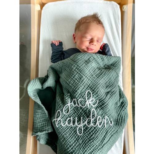 Personalized Hand Embroidered Baby Swaddle Blanket - Cotton Muslin