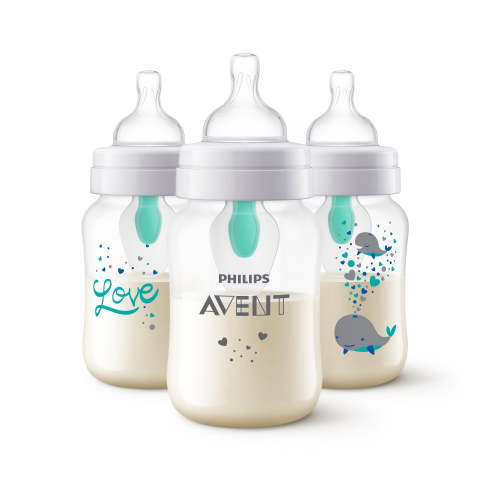 Philips Avent Anti-colic Clear Baby Bottle with AirFree Vent with Whale Design, 9oz, 3pk, SCY703/77
