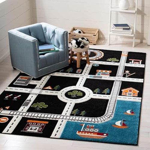 SAFAVIEH Carousel Kids Collection Accent Rug - 4' x 6', Black & Ivory, Non-Shedding & Easy Care, Ideal for High Traffic Areas for Boys & Girls in Playroom, Nursery, Bedroom (CRK192Z)