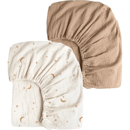 Konssy Muslin Crib Sheets for Girl Boy, 2 PCS Soft and Breathable Cotton Baby Sheets for Standard Crib Mattress, 52"x 28" (Moon,Camel)