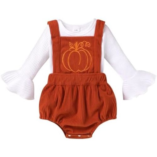 Tiny Cutey Newborn Baby Girl Clothes Bell Sleeve Romper and Corduroy Overalls Shorts Infant Girl Fall Outfits