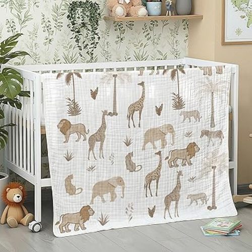 Safari Animal Muslin Blanket 47 x 47 Inch Warm Soft Cotton Muslin Swaddle Blanket Nursery Swaddling Wrap Quilt for Bedding Gift, Cold Weather, Jungle Theme Nursery Decor