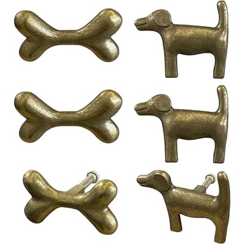 Adorable Golden Retriever + Dog Bone Cabinet Knobs, 6Pcs Bronze Dog Drawer Pull, Fun Pet Handles for Puppy-Themed Dresser Closet Cupboard Wardrobe Bathroom Kitchen(Zinc Alloy)