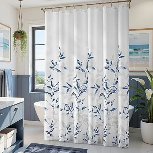 HOMEIDEAS Navy Blue Shower Curtain, Leaf Pattern for a Relaxing Spa Feel, Polyester with 12 Stainless Steel Hooks, Machine Washable for Bathtub or Shower Stall, 72x72 Inch