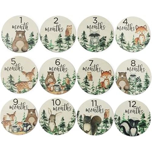 12pcs Wooden Baby Monthly Milestone Cards,Pregnancy and Baby Growth Monthly Milestone Wood Discs,Milestone for Baby Boy,Months Signs Milestone for Baby Girl,Fathers Day Gift,Animal Pattern