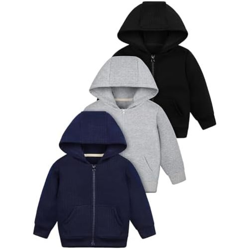 Cooraby 3 Packs Baby and Toddler Boys Long Sleeve Full-Zip Hoodies Infant Fleece Hooded Sweatshirts Jacket with Pouch Pockets