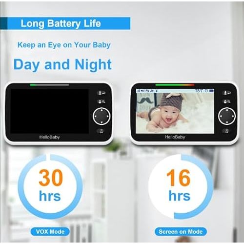 HelloBaby Wall Mounted Baby Monitor No WiFi, 5'' Sreen with 30-Hour Battery, Crib Camera Baby Monitor with Camera and Audio, Hello Baby Monitor with Mount