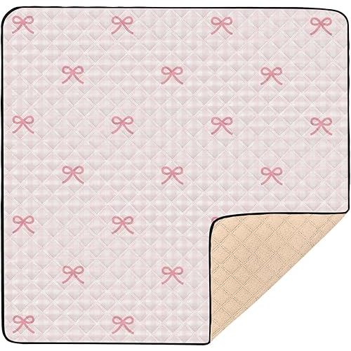 Baby Play Mat Pink Checkered and Bows 50 x 50 Playpen Mat Baby Play Mats for Floor Play Gym Crawling Mat Non-Slip Cushioned Baby Playmat for Infants, Babies, Toddlers