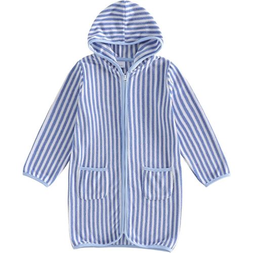 Boys Girls Hooded Terry Coverups One Piece Swimsuits Beach Zip Up Long Sleeve Striped Swim Cover Up Swimwear