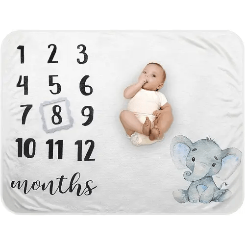 Baby Monthly Milestone Blanket - Organic Plush Fleece Photography Background Prop for Boy Girl Newborn Soft Elephant Blanket with Frame Large 47''x40''