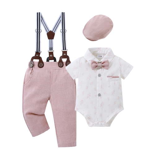 CARETOO Boy Clothes Suit 0-18M Cotton Fabric Formal Outfit Shirt Tie Hat Suspender Pant Solid Set