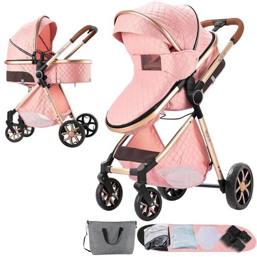 2 in 1 Baby Stroller, Convertible Bassinet Pushchair with Mommy Bag, Seat Cushion, Mosquito net, Cold Mat, Rain Cover, Foot Rest as Gifts for Infants and Newborns 0-36 Months (Pink)