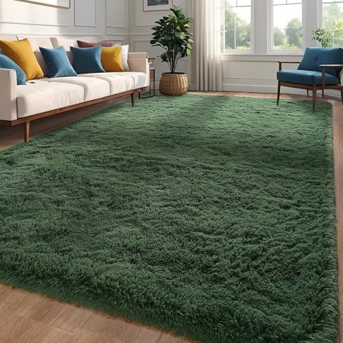 Deep Green Area Rug 6x9 Large Rugs for Living Room Bedroom, Fluffy Cute Rug Modern Carpets for Kids Room, Non-Skid Rectangular Indoor Rug for Girls Boys Playroom Nursery Room Home Decor