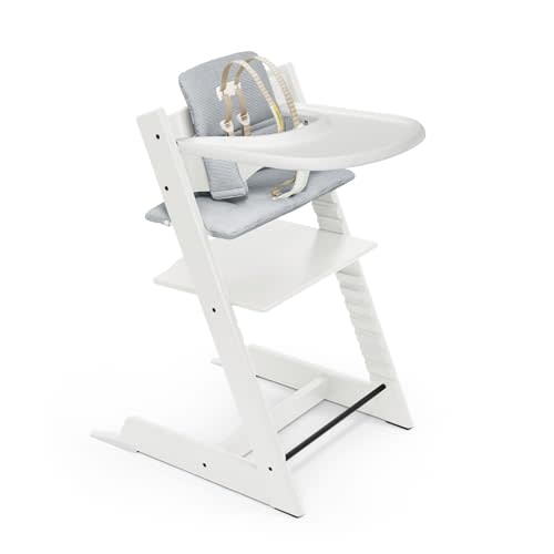 Tripp Trapp High Chair and Cushion with Stokke Tray - White with Nordic Blue - Adjustable, Convertible, All-in-One High Chair for Babies & Toddlers