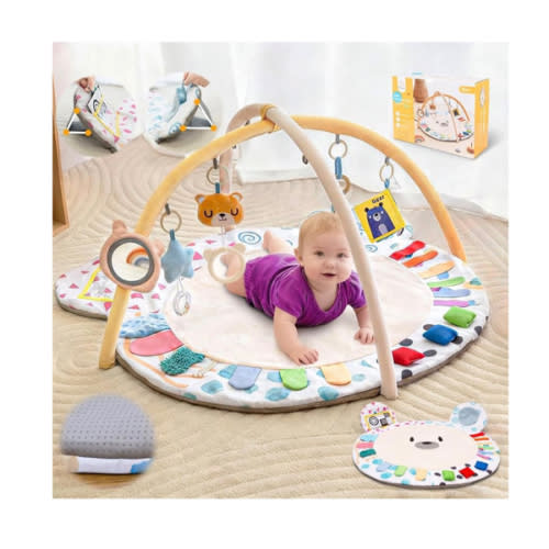 Baby Play Gym, Thickened and Non Slip Activity Mat, 5 Developmental Zones Tummy Time Mat with 5 Detachable Sensory Toys for Motor Skills, Baby Essentials Shower Gift Box(Bear)