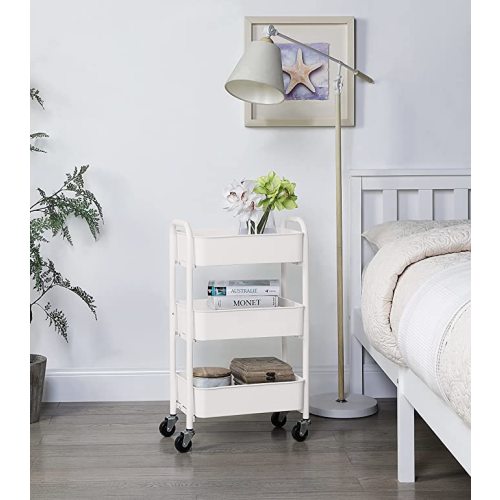 SunnyPoint 3-Tier Delicate Compact Rolling Metal Storage Organizer - Mobile Utility Cart Kitchen/Under Desk Cart with Caster Wheels (WHT, Compact (15.5" X 26.8" X 10.27"))