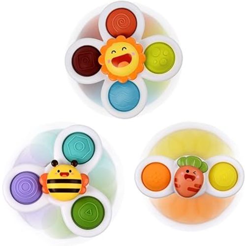 Baby Suction Cup Spinning Top Toys with Bubble Pop 3 Pcs, Infant Spinner Toy 12 Months+,Sensory Spin Bath Sucker, Travel Busy Teething Toy for Toddlers, Gifts for 1-3 Year Boy Girl(Group C)