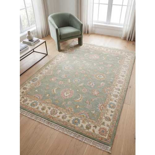 Sage Green Oushak Rug 6x9, 8x10, 9x12 Hand Knotted Floral Wool Vintage Style Area Rug
