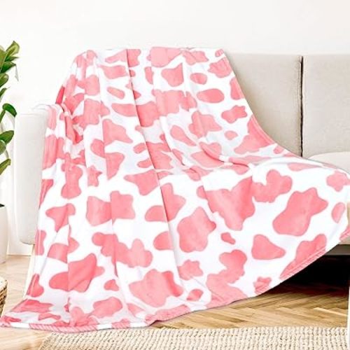 Strawberry Cow Print Pink Blanket for Girls, Kids & Women - Soft Warm Pink Throw Blanket for Couch Bedroom Cow Decor for Teen Girls Birthday 50x60 Inch