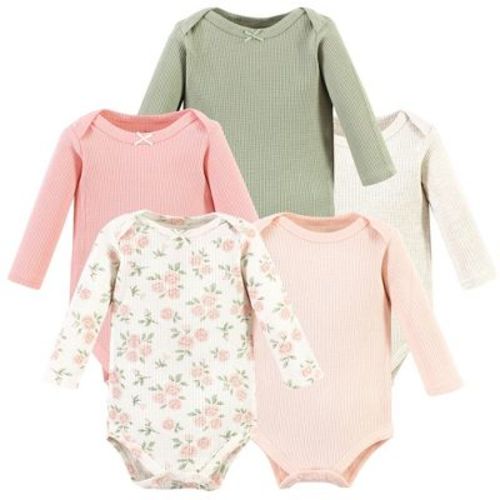 Hudson Baby Infant Girl Thermal Long Sleeve Bodysuits, Soft Pink Sage Rose, Newborn