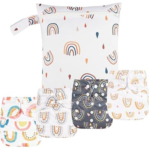 9 Sets Newborn Baby Cloth Pocket Diapers Adjustable Reusable for Baby Boys and Girls(6-33 pounds,0-3 Years),One Wet Bag+4Diapers and 4Inserts (AD06)