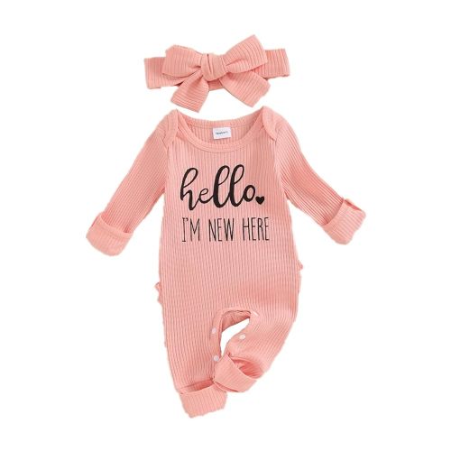 FIOMVA Im New Here Newborn Outfit Girl Long Sleeve Letter Romper Ribbed Knit Jumpsuit Baby Girl Preemie Coming Home Outfit
