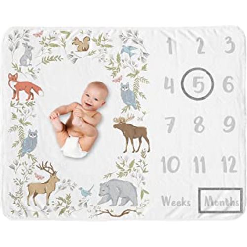Sweet Jojo Designs Woodland Animal Toile Boy Girl Milestone Blanket Monthly Newborn First Year Growth Mat Baby Shower Memory Keepsake Gift Picture -Grey Green Brown Forest Bear Deer Fox Owl Bunny Bird