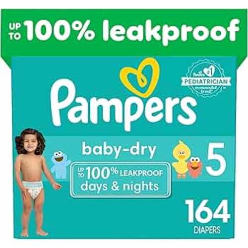 Pampers Baby Dry Diapers - Size 5, One Month Supply (164 Count), Absorbent Disposable Diapers
