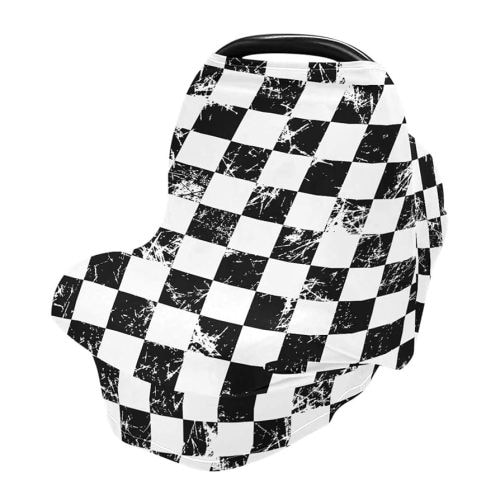 Old Vintage Checkered Baby Car Seat Covers Black White Squares Plaid Carseat Canopy Soft Infant Stroller Cover Nursing Breastfeeding Covers for Girls Boys Newborn Fit Summer Spring Autumn