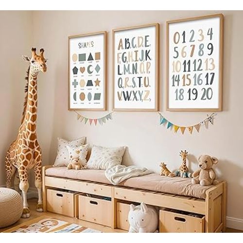 3Pcs Kids Playroom Nursery Poster Wall Art Number Table ABC Alphabet Playroom Painting Picture Wall Decor Kindergarten Poster Print Artwork for Nursery Toddler Boy Girl Room Classroom Home Decoration
