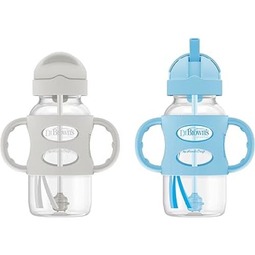 Dr. Brown's Milestones Wide-Neck Sippy Straw Bottle with 100% Silicone Handles and Weighted Straw, 9 oz/270 mL, Gray & Blue, 6m+