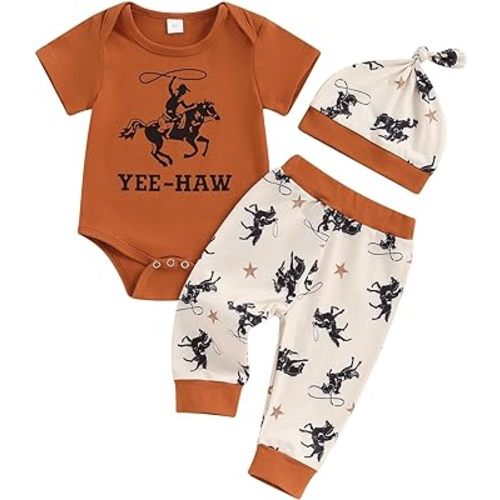 Western Newborn Baby Boy Outfits Yee-Haw Horse Print Short Sleeve Romper Pants Hat Set 3Pcs Cowboy Clothes
