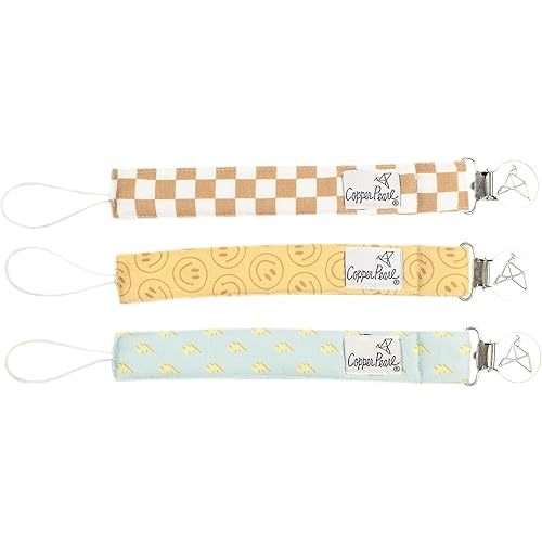 Copper Pearl 3-Pack Pacifier Holders: Premium Knit Binky Clips for Baby Girls and Boys - Stylish Stainless Steel Design for Secure No-Drop Attachment