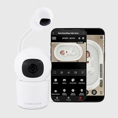 Delta Children Smart Sleep Baby Monitor with Floor Stand, Auto Motion Tracking/Alerting, 360° Pan/45° Tilt, Night Vision, Two-Way Talk, Temp & Humidity Alerts, Alexa/Google Compatible, 2.5K/1440p QHD