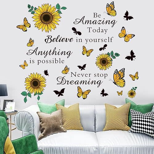 Inspirational Quote Sunflower Wall Stickers - Removable Positive Saying Peel and Stick for Classroom, Home, Bedroom, Office Wall Art Decor