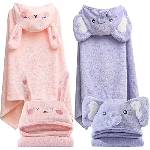2 Pack Toddler Towels with Hood Thick Toddler Towels 55" x 27.5" Baby Hooded Bath Towels Set for Girl Boy Super Absorbent Toddler Hooded Towels Age 1-5, Elephant & Rabbit
