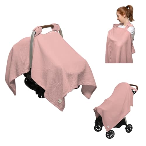 Nilsa 5-in-1 Muslin Nursing Cover up for Breastfeeding & Baby Car Seat Cover - Breathable Breastfeeding Cover With Rigid Hoop - 100% Cotton Privacy Apron Breast Feeding Covers For Women (Blush)