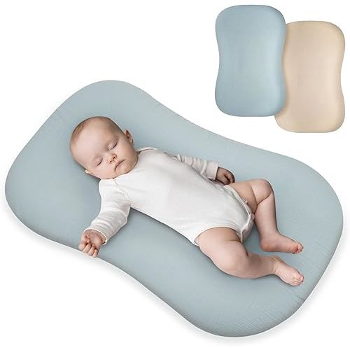 Muslin Baby Lounger Cover for Snuggle Me Organic Lounger/Baby Lounger/Organic Cotton Handmade Cover for Infant/Toddler Lounger/Nursing Pillow(Haze Blue, Wheat)