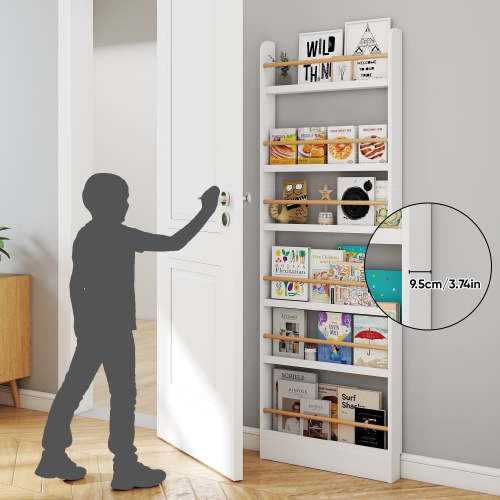 VGBYUJ 6 Tier Slim Behind The Door Bookshelf, 70" Behind The Door Storage Organizer, Space-Saving Wall Mount Narrow Book Shelf for Bedroom Living Room Study, White
