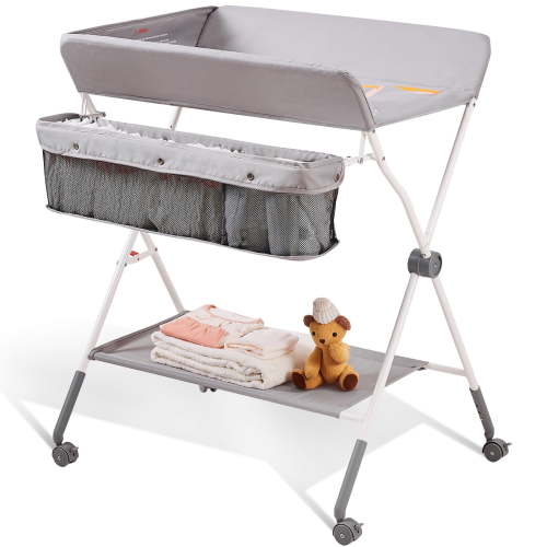 KFFKFF Mobile Changing Table Collapsible Nappy Changing Unit with Secure Casters with 3-Tier Height Adjustability, Storage Bin & Suspended Shelves