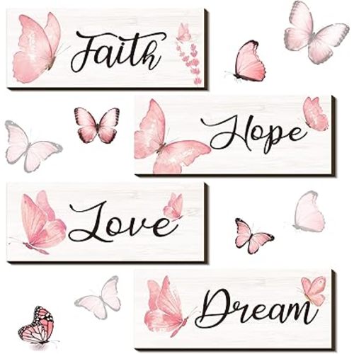 4 Pieces Faith Hope Love Dream Wall Decor Elegant Spring Butterfly Wooden Hanging Decoration Art Butterfly Room Wall Rustic Living Room Accessories for Bedroom Decor(10 x 4 x 0.2 Inch,Pink)
