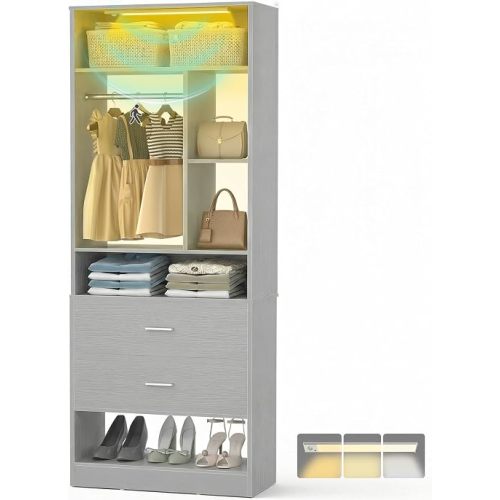 Besiost 24 Inches Closet System with 3CCT Sensor Light, 2FT Closet Organizer with 2 Wood Drawers, Small Closet Organizer System with 6 Shelves, Walk-in Closet Systems for Small Closets, Grey
