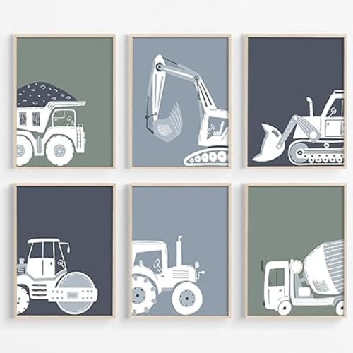 Construction Truck Wall Art Nursery Canvas Wall Decor Boys Room Wall Art Kids Car Posters Toddler Prints Nursery Artwork Excavator Tractor Pictures for Playroom Bedroom 8x10x6 Inch Unframed