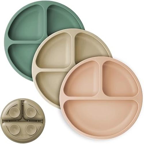 Cutebe 3 Pack Suction Plates for Baby Food Grade Silicone Baby Plates with Suction Microwave & Dishwasher Safe Toddler Plates Divided Design & Raised Edges Toddler Dishes for Feeding