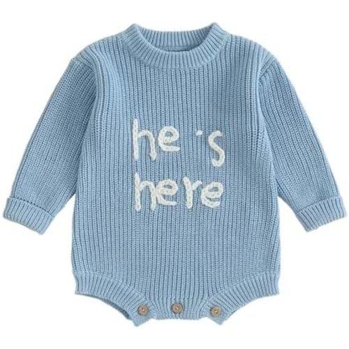 He's Here Newborn Outfit Infant Boy Sweater Rompers Long Sleeve Embroidery Letter Knit Bodysuit Baby Winter Clothes