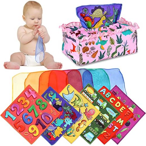 Bynleau Baby Tissue Box Toy, Baby Sensory Toys Musical Toys Montessori Toys Crinkle Toys Colorful Soft Scarf Box for 3 6 9 12 Months Toddlers Infants Newborns Gift