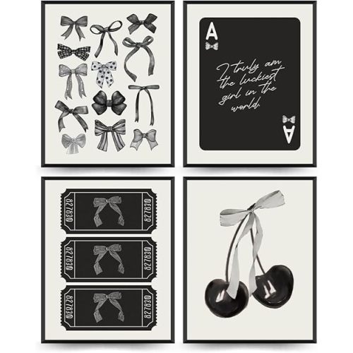 ETVISO Coquette Room Decor for Girls Room, Trendy Pink Bows Wall Art, College Apartment Decor Aesthetic Wall Art Prints Cherry Poker, Living Room Decor 8x10 Inch Set of 4 Unframed (Black)
