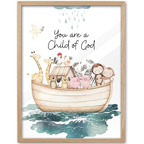 KensTro Natural OAK Wood Noah Ark Framed Wall Art, 12x16 in Being Loved By God,Ark Guardian Animal Christian Bible Verse Canvas Art,You Are a Child of God,Set of 1 Decor Painting for Children's Space